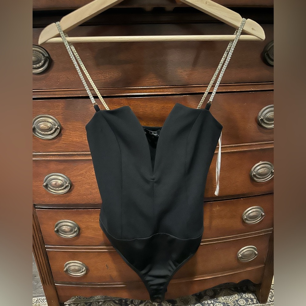 Lulu's Black Rhinestone-Strap Bodysuit